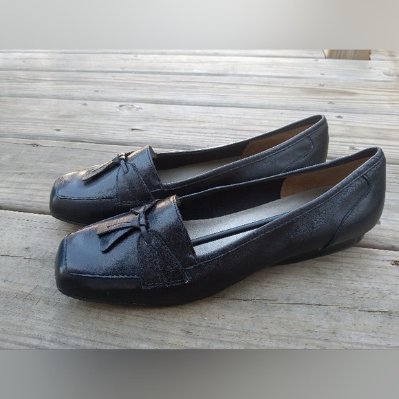 🆕Array Black Genuine Leather Tassel Loafers Women's Size 9 Wide Square Toe Flat - Picture 4 of 11